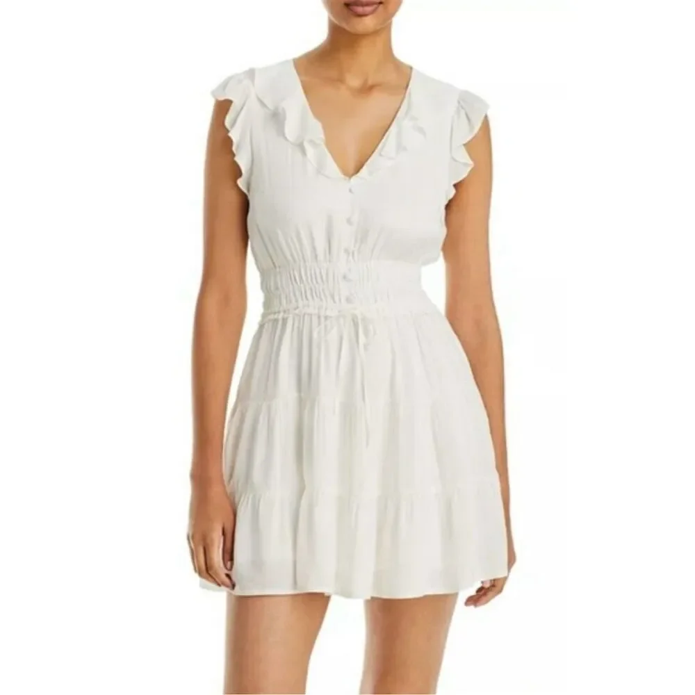NWOT PAIGE Women's XL White Paradis Tiered Ruffle Mini Dress V-Neck - Picture 2 of 16